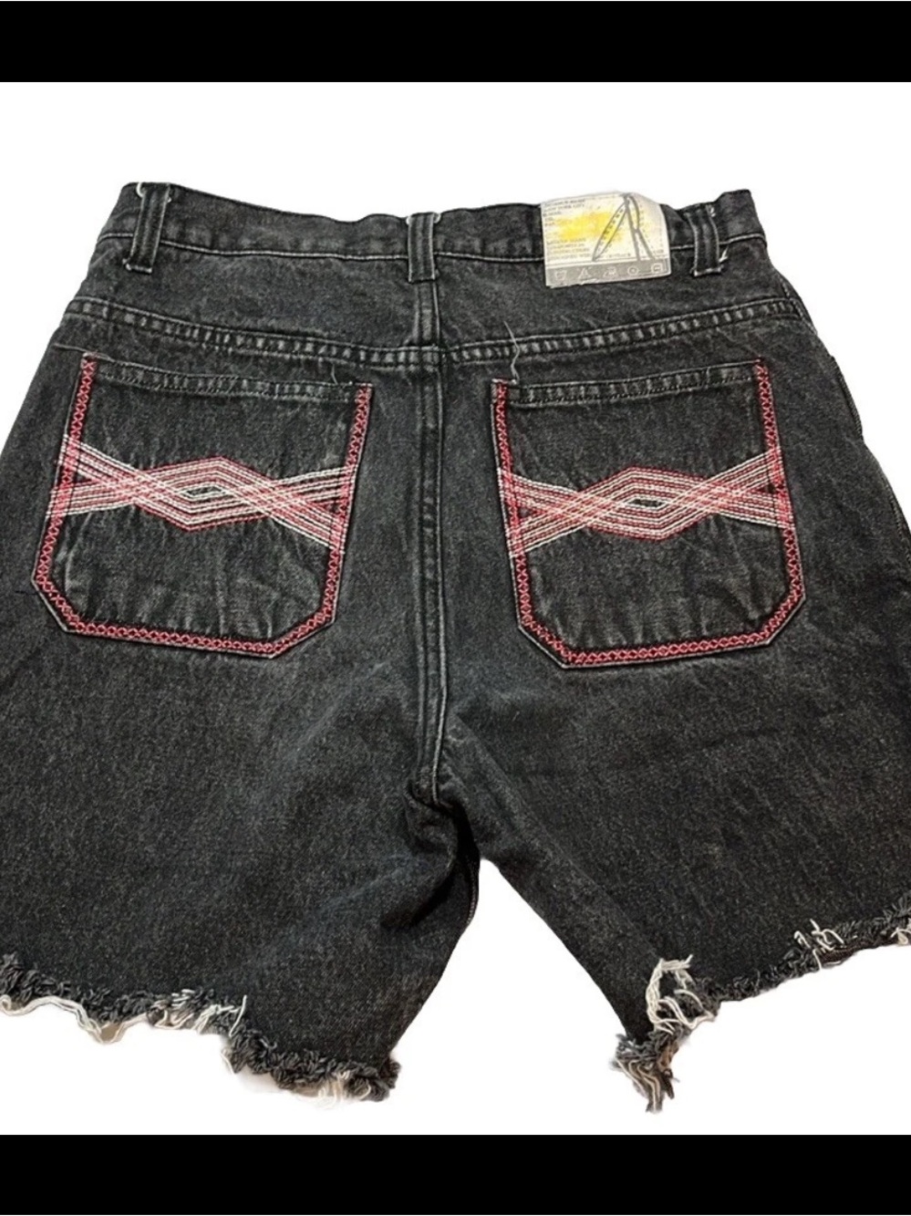 Black JEAN Shorts cyber GOTH RED white embroidered grunge skater Mens 30 Cut Off